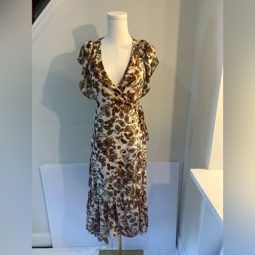 DREW Cream Maxi Dress with Brown & Olive Paisley Print